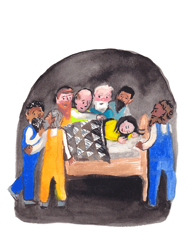 Snow White sleeping in a bed. Seven dwarfs surround her.