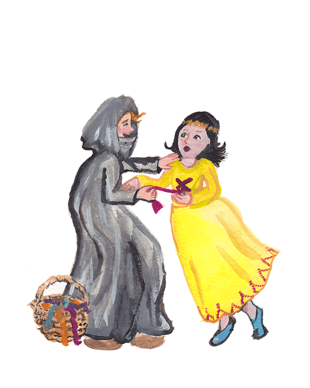 The queen wears a grey cloak. She is pulling a ribbon too tight on Snow White's dress. Snow White struggles.