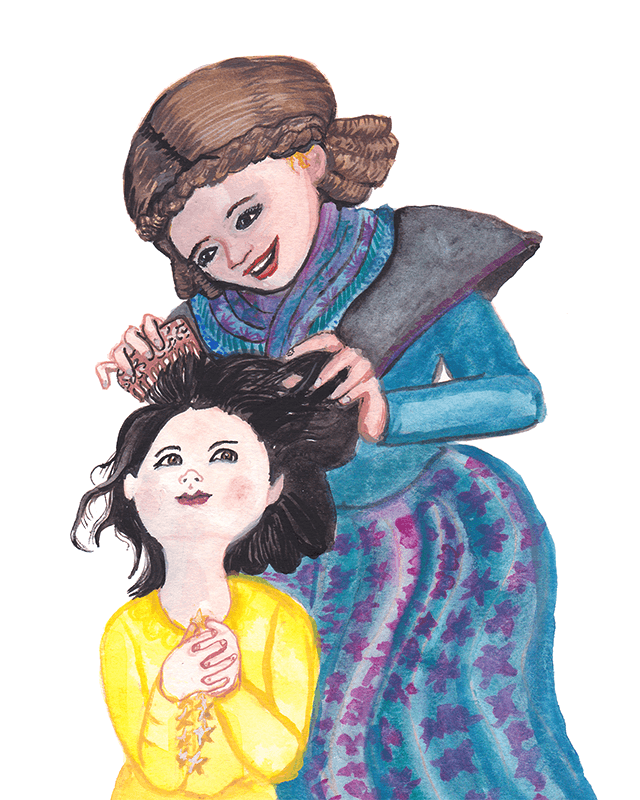 The queen, wearing a ridiculous wig, is combing Snow White's hair.