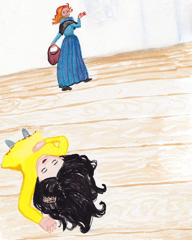 The queen walks away. Snow White is unconscious.