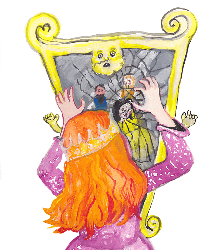 The queen smashes mirror. It shows Snow White with the dwarfs.
