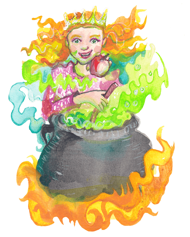 The queen holds an apple above a bubbling cauldron.