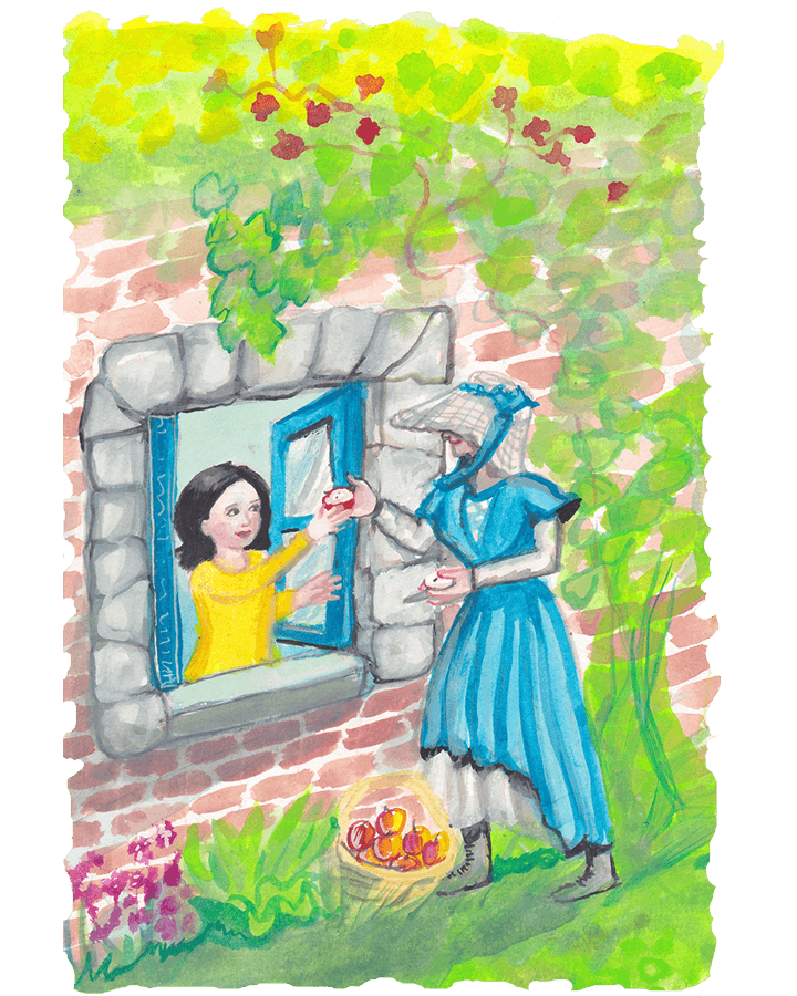 Snow White reaches out of cottage window to receive apple from disguised queen.