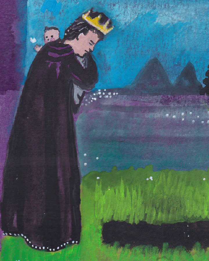 Picture of king holding a baby and looking sad.