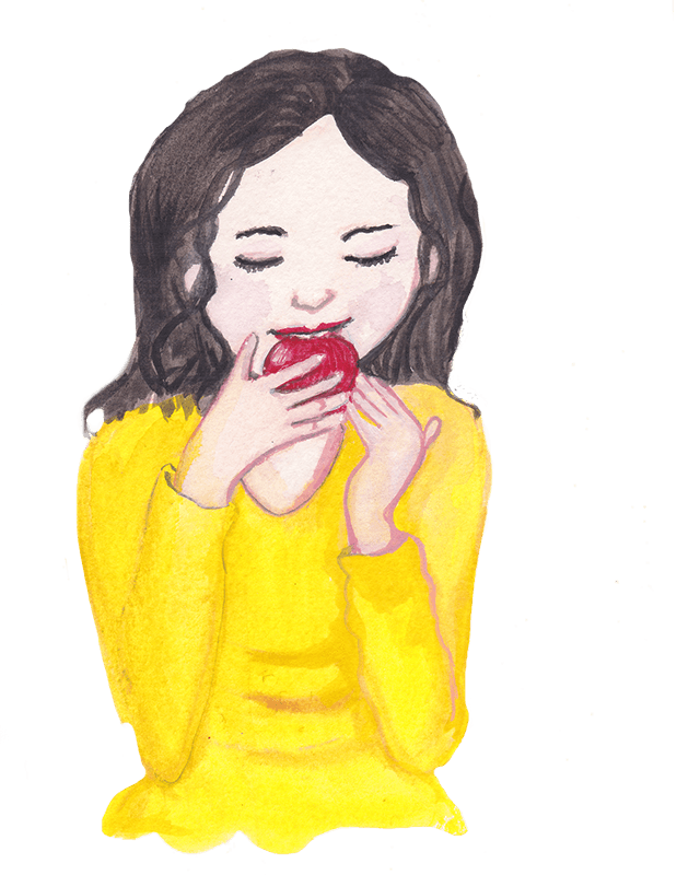 Snow White bites into apple.