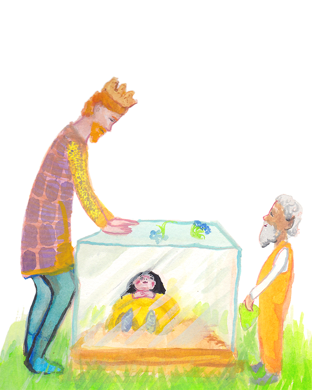 A king looks at Snow White in her coffin while one of the dwarfs stands by.