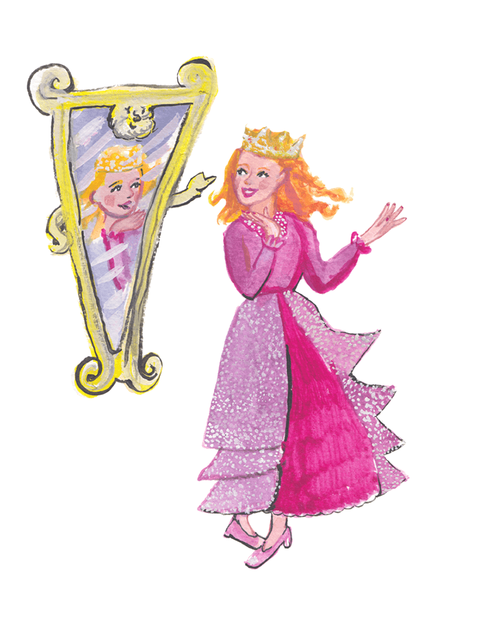 Picture of new queen dancing in front of mirror happily.
