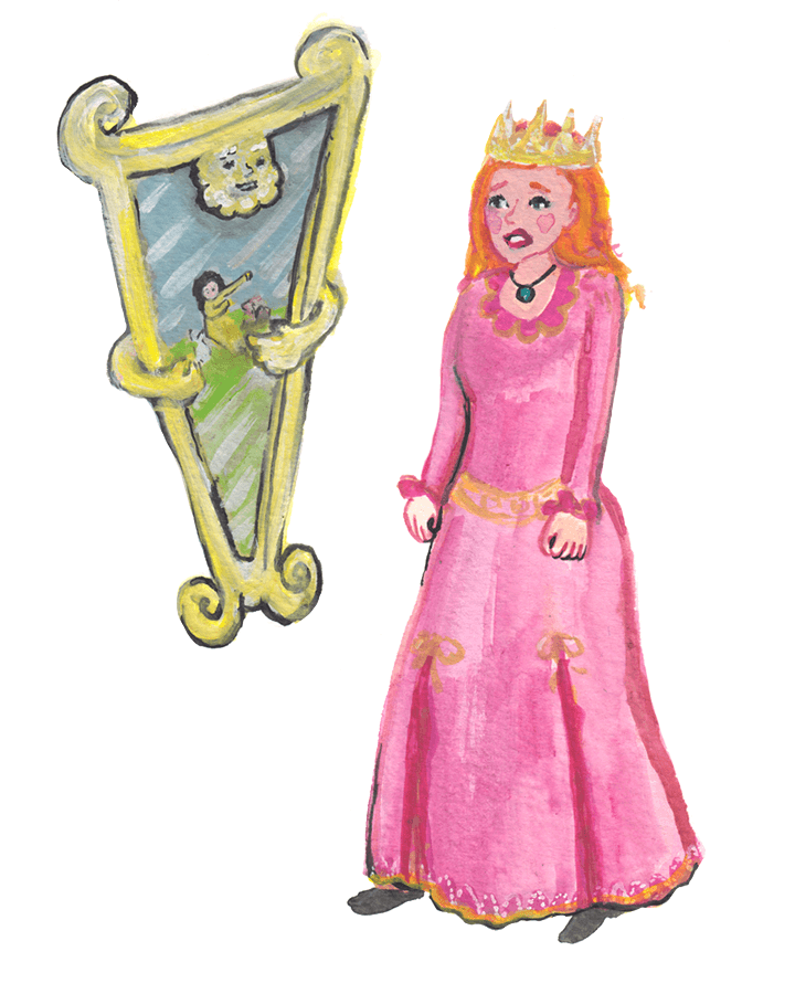 Picture of new queen looking angrily at mirror.