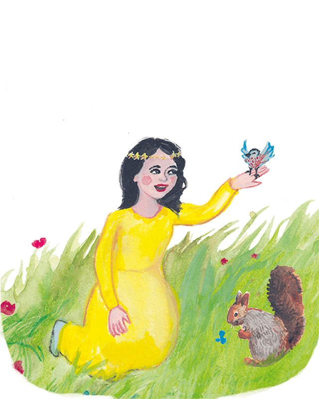 Snow White with a bird and a squirrel.