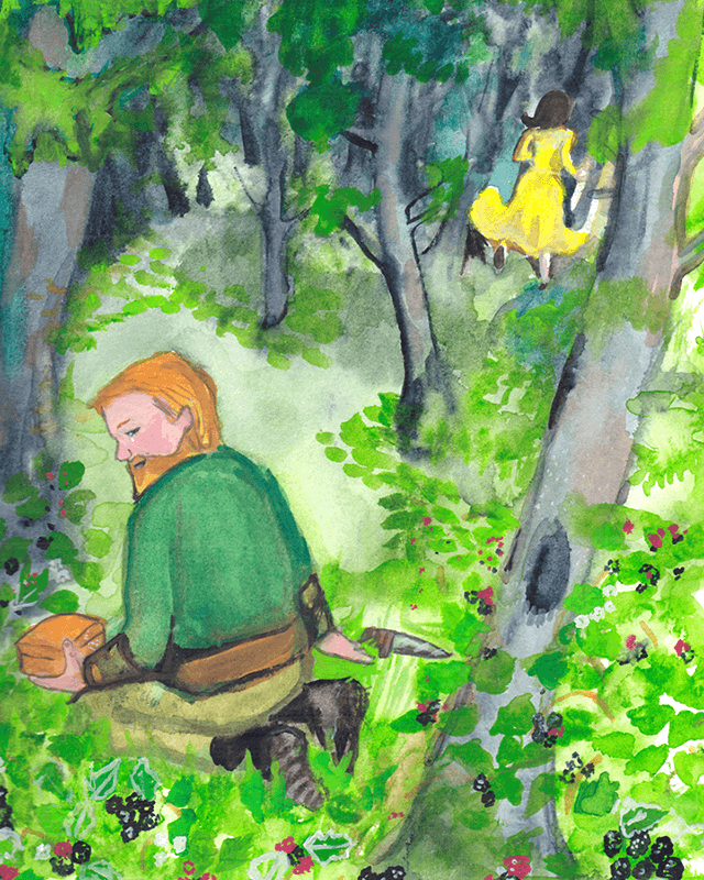 The huntsman kneels in foreground as Snow White runs away in the distance in a forest.