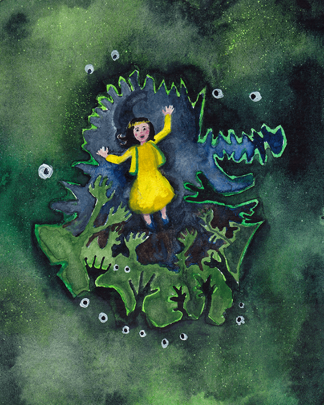Snow White screaming in the forest as trees look like monsters.