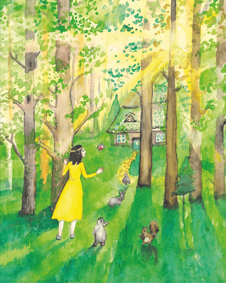 Snow White looking at a cottage with some rabbits, a squirrel, and a bird.